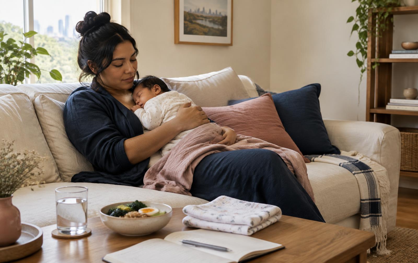 A new parent resting at home with their sleeping newborn and a nourishing meal nearby