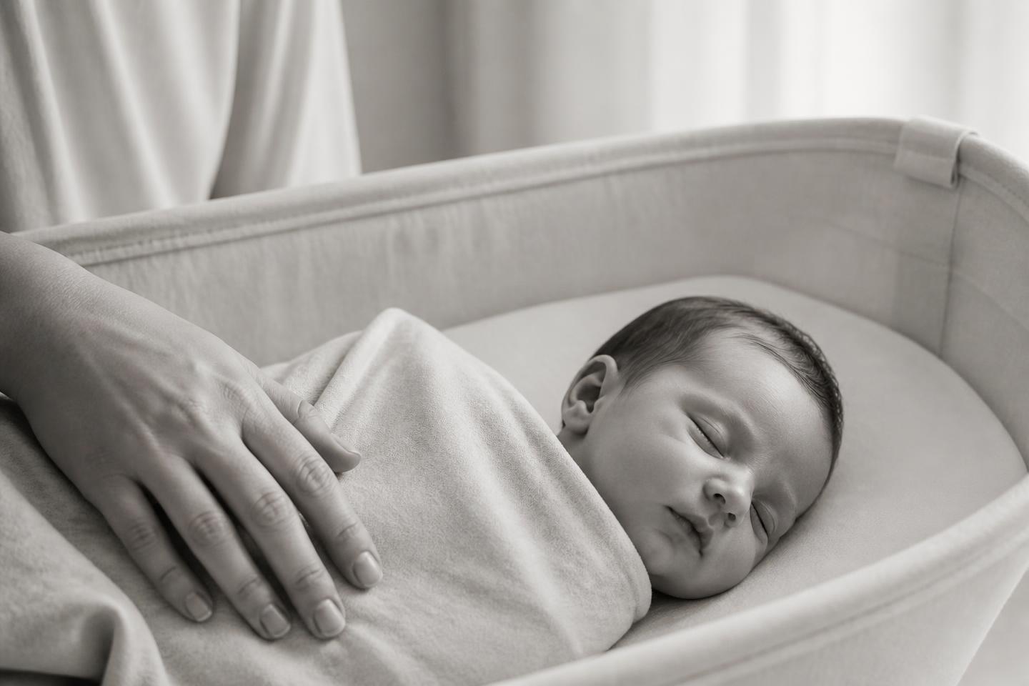 A peaceful black and white photograph of a newborn baby resting in a bassinet with a caregiver's hand nearby.