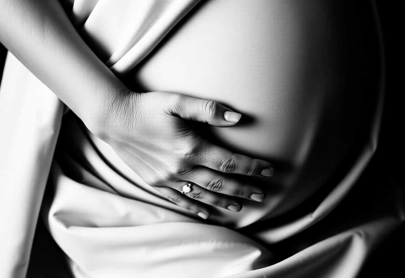 A hand rests gently on a pregnant belly, draped in soft linen.